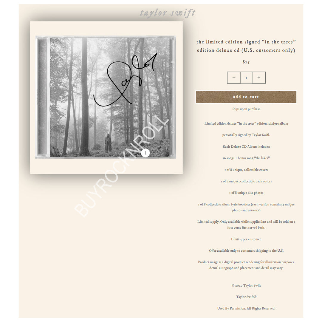 BuyRockNRoll Taylor Swift Collectible 2020 Limited Edition Folklore Signed "in The Trees" Deluxe CD 4 BuyRockNRoll Taylor Swift Collectible 2020 Limited Edition Folklore Signed "in The Trees" Deluxe CD